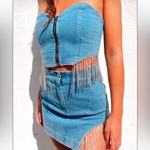 Trendy and tipsy denim rhinestone matching skirt set. Size small